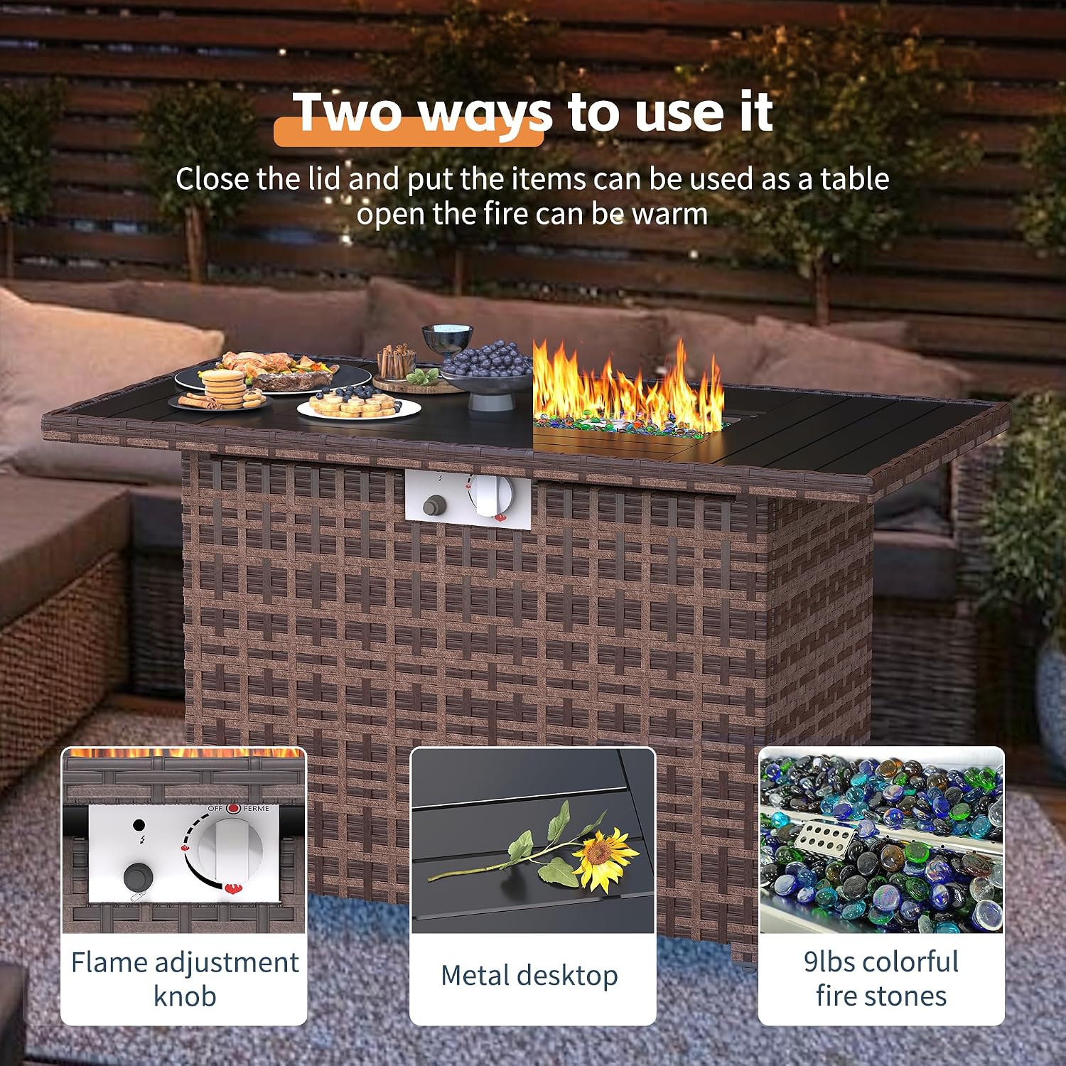 UDPATIO Furniture Set with Fire Pit Table, 8 Piece Sectional Sofas, All-Weather Wicker Conversation for Garden, Backyard, Dark Grey