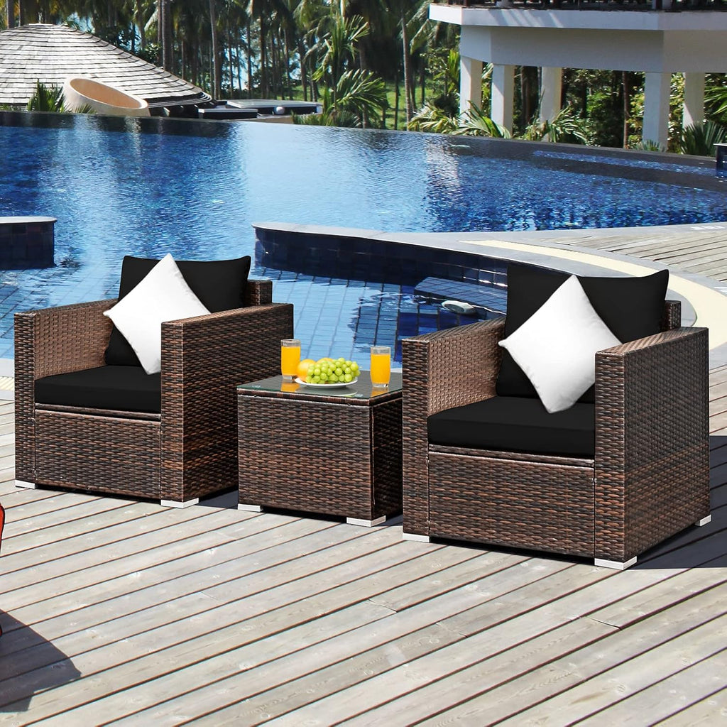 Tangkula 3 Pieces Patio Furniture Set, Outdoor Conversation Rattan Furniture Set w/Washable Cushion and Tempered Glass Tabletop, PE Rattan Wicker Sofa Set for Garden Poolside Balcony