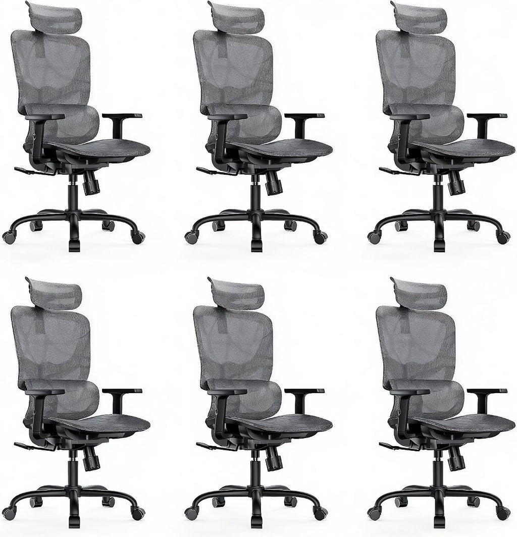 HUANUO Ergonomic Mesh Office Chair with 5-Level Lumbar Support, Computer Gaming Chair with Adjustable Headrest & Armrests, Rocking Tilt, Comfortable High Back Desk Chair for Home Office,6 Pack