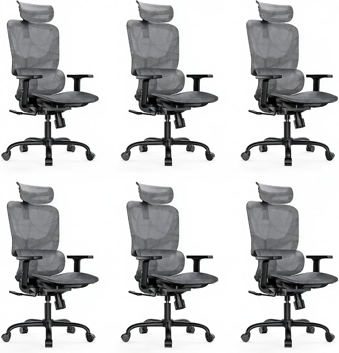 HUANUO Ergonomic Mesh Office Chair with 5-Level Lumbar Support, Computer Gaming Chair with Adjustable Headrest & Armrests, Rocking Tilt, Comfortable High Back Desk Chair for Home Office,6 Pack