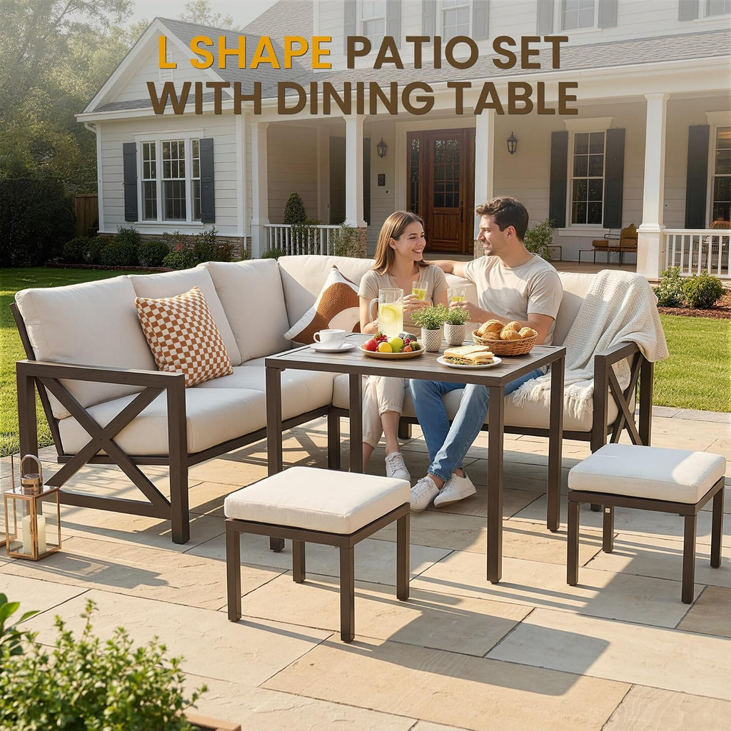 NATURAL EXPRESSIONS 8 Pieces Patio Furniture Sets,Metal Outdoor Sectional Furniture L Shape Conversation Sets with Dining Table,2 Ottomans,Highback Frame,Large Waterproof Cover, 6.5' Cushions for Yard