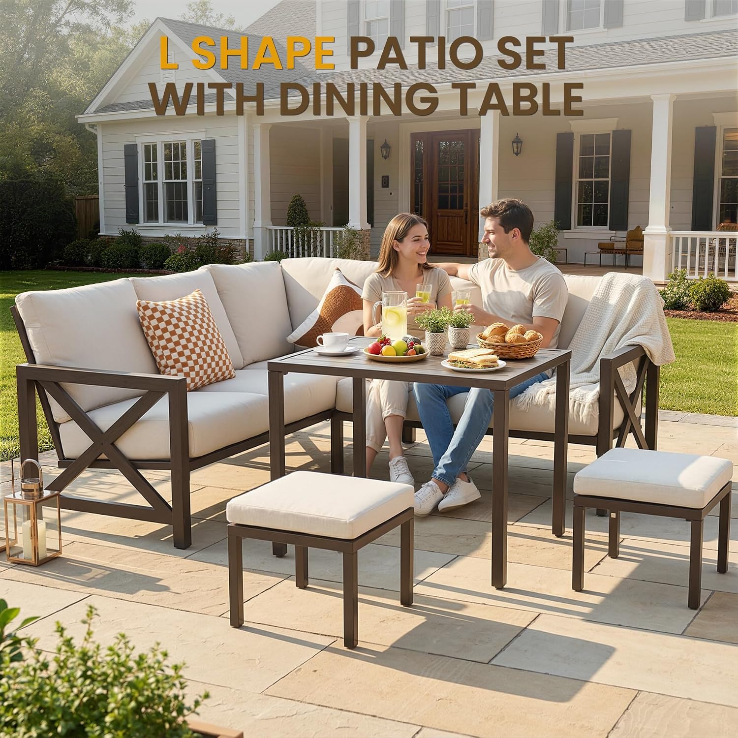 NATURAL EXPRESSIONS 8 Pieces Patio Furniture Sets,Metal Outdoor Sectional Furniture L Shape Conversation Sets with Dining Table,2 Ottomans,Highback Frame,Large Waterproof Cover, 6.5' Cushions for Yard