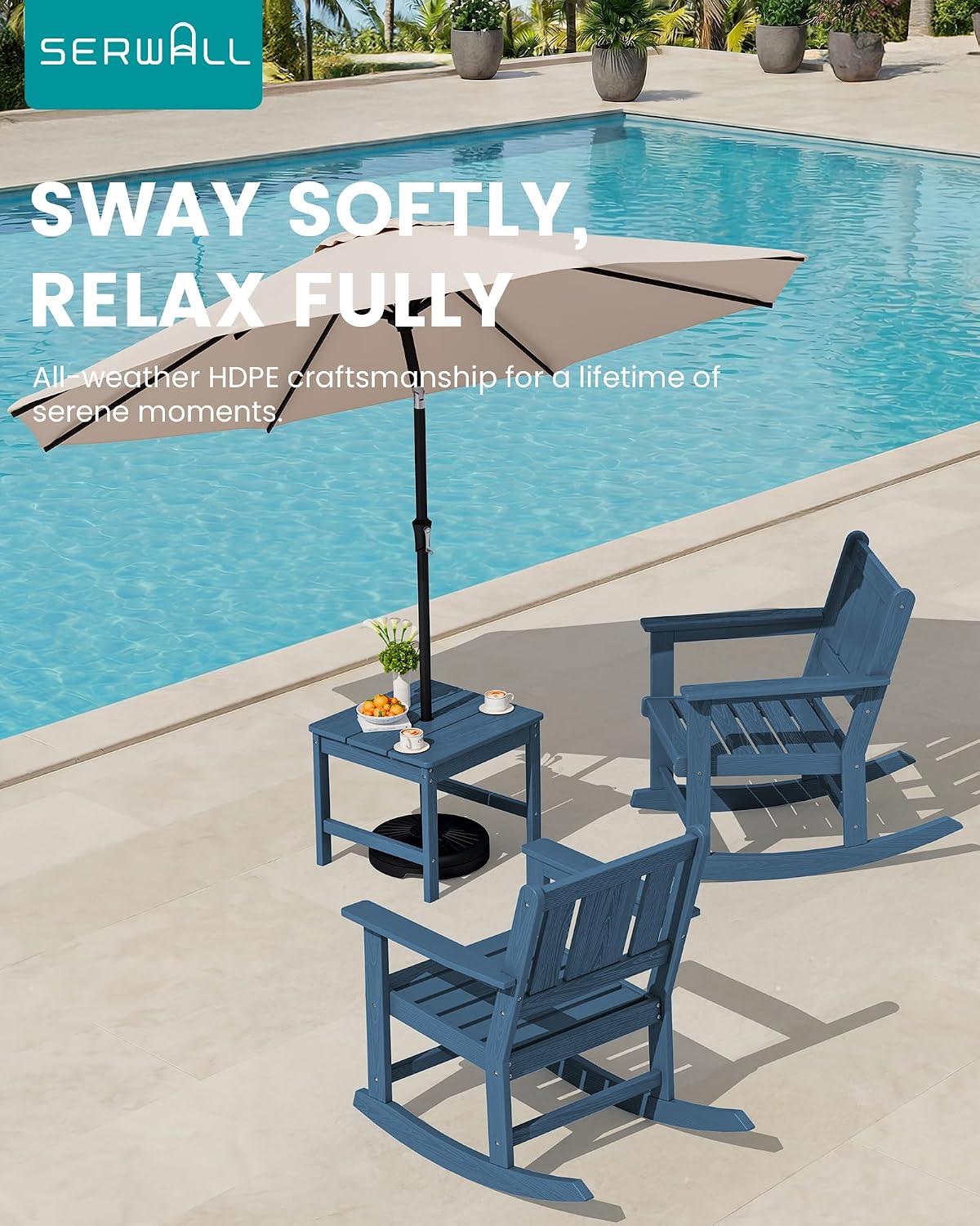 SERWALL Outdoor Rocking Chairs Set of 2 with Side Table, All-Weather HDPE 3 Piece Patio Furniture Set, Outdoor Bistro Set with Umbrella Hole for Porch Deck Lawn Balcony, Navy