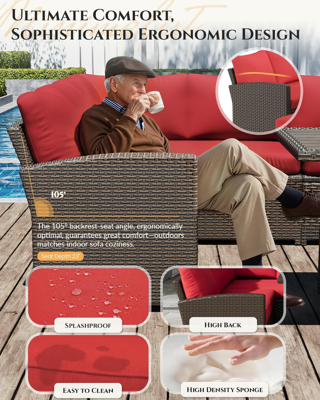 U-MAX 7 Pieces Patio Furniture Set, Outdoor Sectional Sofa Conversation Set, All Weather Wicker Rattan Dining Table & Chair with Ottoman, Brown Rattan&Red Cushion
