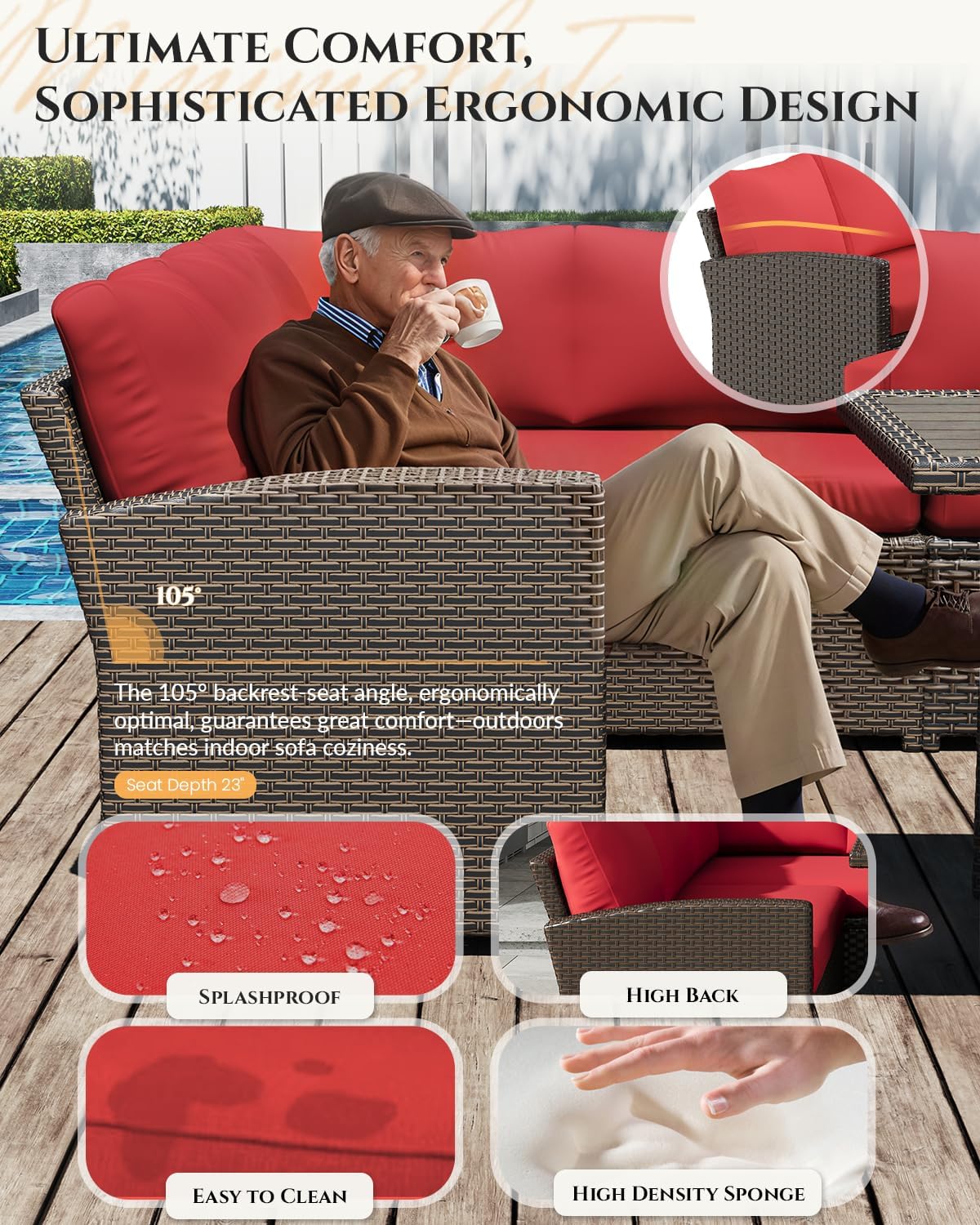 U-MAX 7 Pieces Patio Furniture Set, Outdoor Sectional Sofa Conversation Set, All Weather Wicker Rattan Dining Table & Chair with Ottoman, Brown Rattan&Red Cushion
