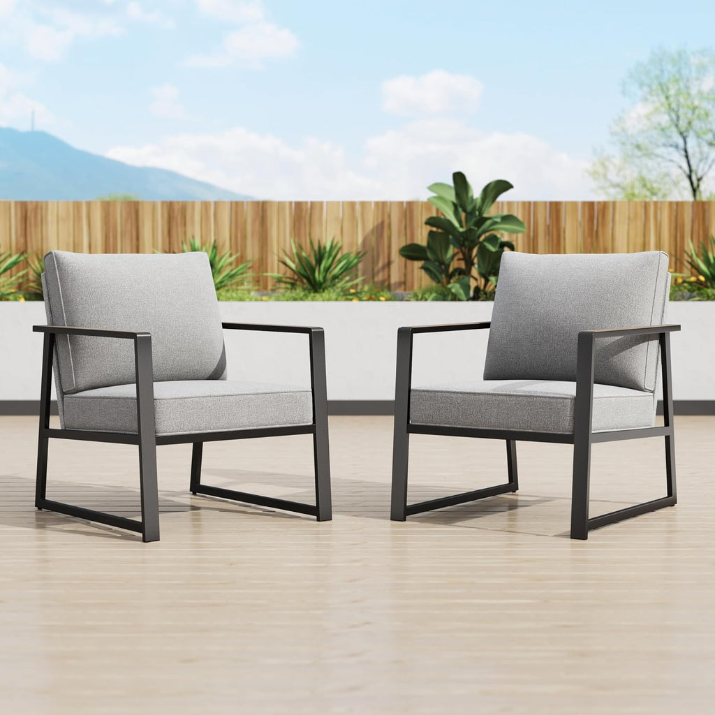 PHI VILLA Patio Furniture Metal Armchair,2 PCS All-Weather Outdoor Contemporary Sofa Chair,Black Frame with Textilene Cushion（Backyard ICON Collection）