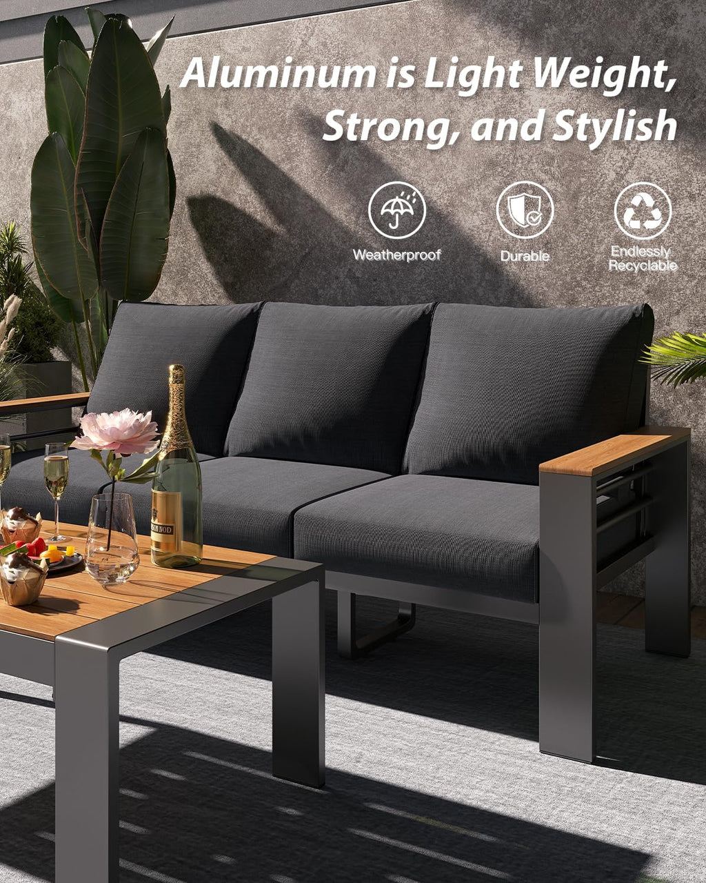 Aoxun Patio Furniture Set, 4 Piece Aluminum Patio Sets with 5' Thicken & Washable Cushion, Waterproof Outdoor Furniture with Coffee Table, Outdoor Couch Sectional for Backyard, Porch and Garden