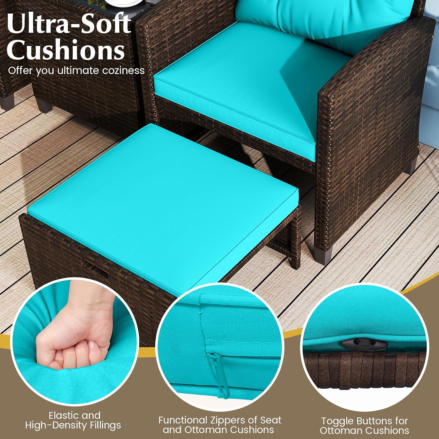 KOTEK 5 Pieces Patio Furniture Set with Ottomans, Wicker Patio Conversation Set with Coffee Table & Cushions, PE Rattan Outdoor Lounge Chairs for Backyard, Porch, Poolside (Mix Brown- Turquoise)