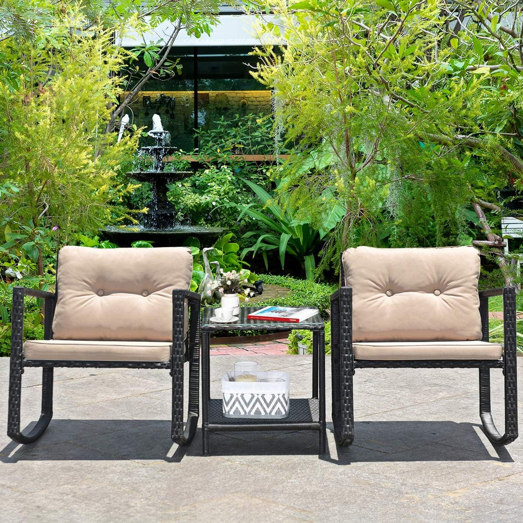 COSTWAY 3 Pieces Patio Rattan Rocking Chair Set, Outdoor Conversation Furniture Sets with Coffee Table, Storage Shelf and Cushions, Modern Bistro Set for Porch, Backyard, Garden, Beige