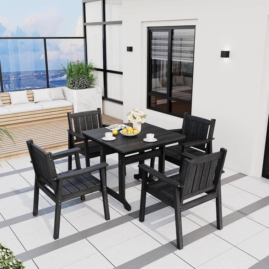 Pamapic 5 PCS Outdoor Dining Set, Spacious HDPE Outdoor Table and Chairs, Wood Grain Patio Furniture Sets with Elegant Armrest, All-Weather Patio Dining Table with Umbrella Hole, Black