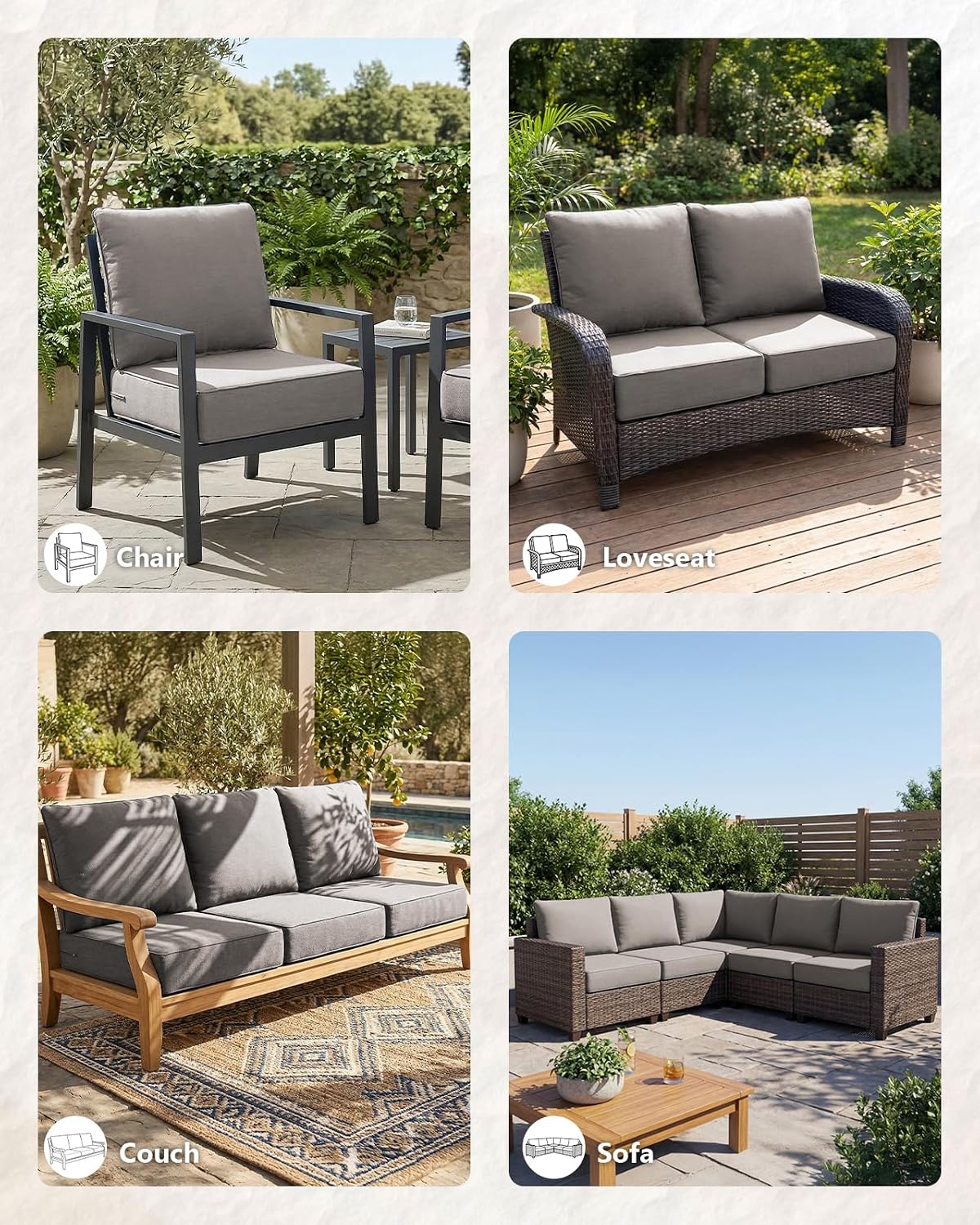 6' Thick Outdoor Cushion, 24*24*6' Patio Furniture Cushions with Waterproof Patio Furniture Cushions with Removable Cover, 28D High Density Patio Cushion for Outdoor Furniture, Gray-4pcs
