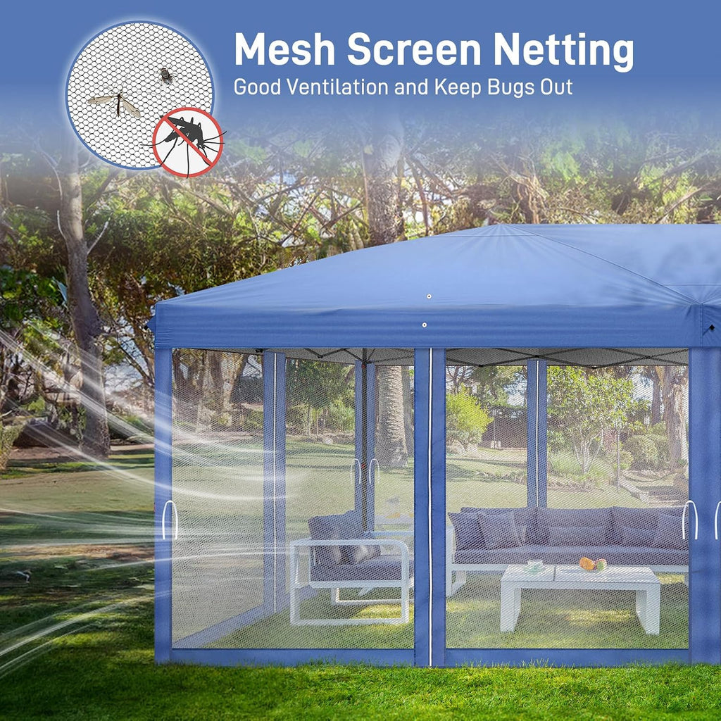 VINGLI 10x20 Pop Up Canopy with Sidewalls Wheeled Bag Easy Up Canopy Tent with Nettings, Screened in Gazebo for Camping Screened Canopy (Blue, 10x20)