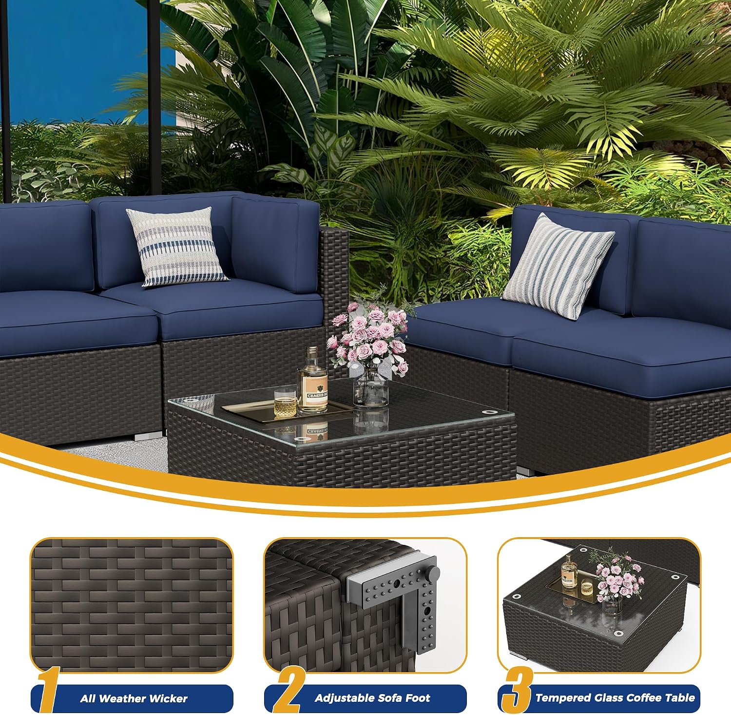 Incbruce Outdoor Patio Furniture Set 7-Piece All-Weather Sectional Sofa Outside Couch, Manual Weaving Wicker Rattan Conversation Set with Glass Top Table and Removable Cushions(Dark Blue)