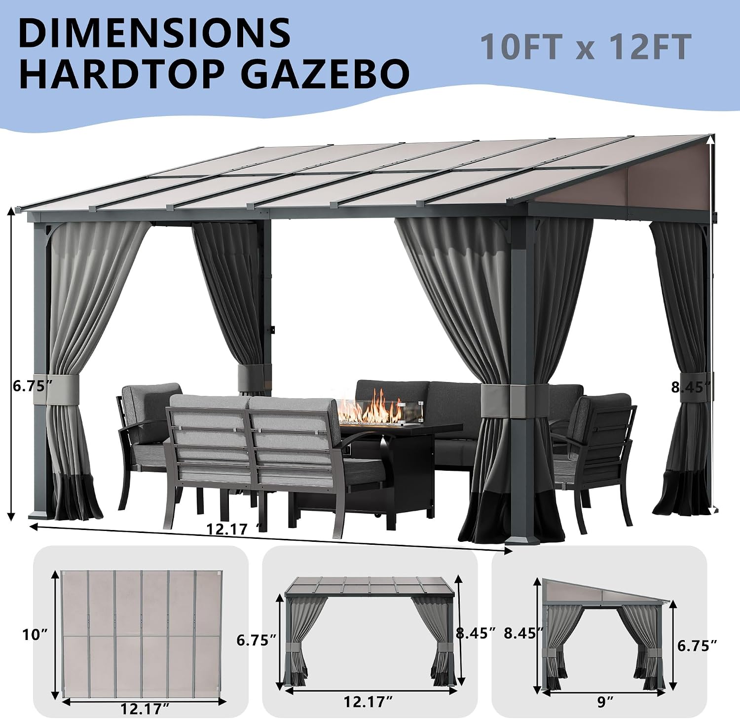 10x12FT Gazebo, Hardtop Wall Mounted Gazebo with Sloping Sun Panel Roof, Awnings for Patio with Metal Frame, Double Curtains for Garden, Lawn, Backyard Deck, Sand