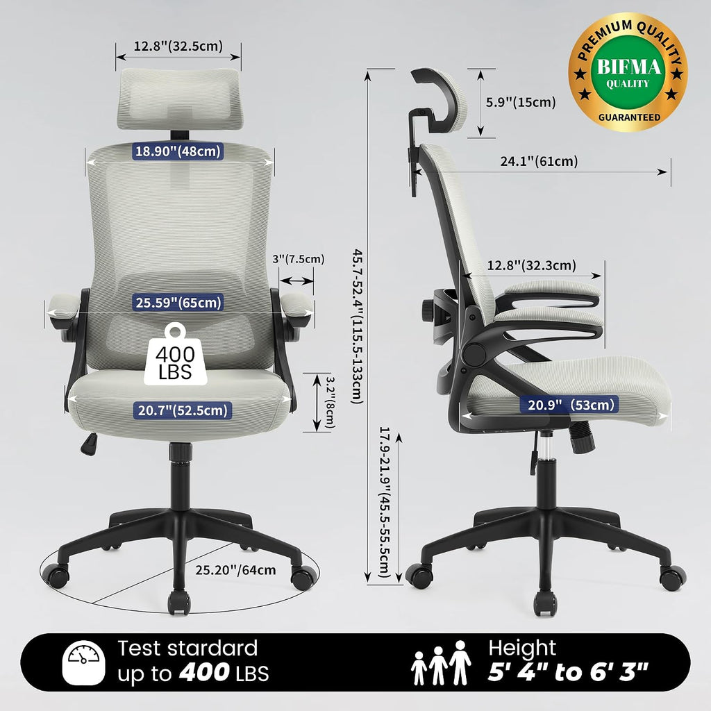 Fizzin Ergonomic Office Chair, 400 LBS Computer Chairs with Adjustable Lumbar Support, Breathable Mesh Desk Chair Ergonomic with Thickened Cushion, Comfy Home Office Desk Chair (Dark Gray)