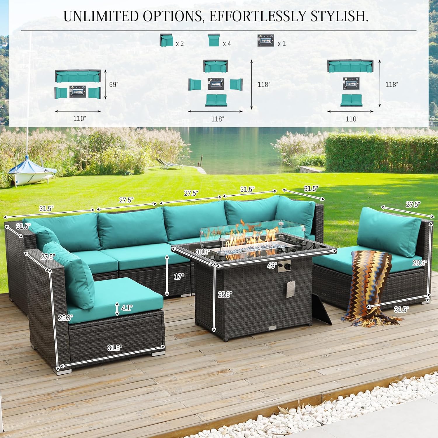 BULEXYARD 7 Piece High Back Outdoor Furniture Set with Fire Pit, Durable All Weather Wicker Patio Couch Sofa Set, Oversized Modular 6-Seater Sectional Backyard Seating Wide Deep for Lawn, Grey & Teal