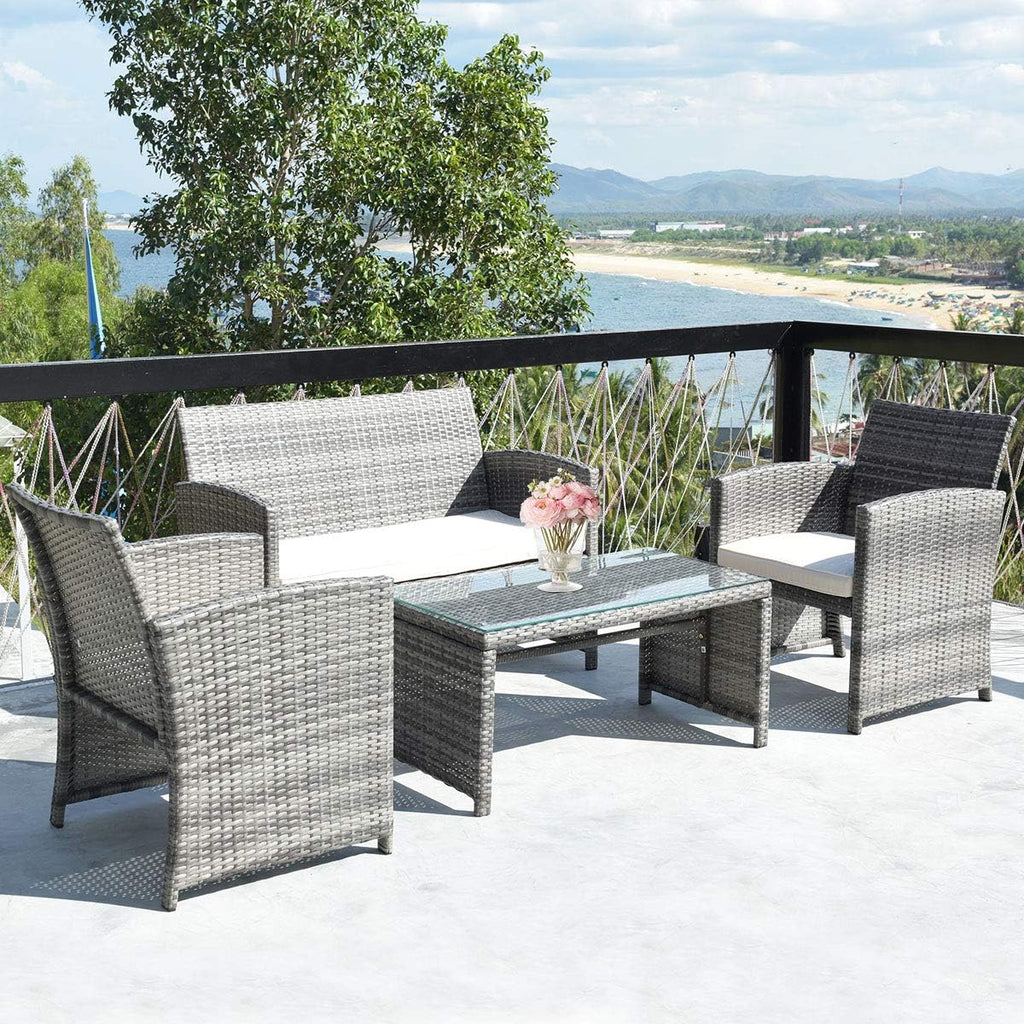 Giantex 4 Pc Rattan Patio Furniture Set Garden Lawn Sofa Cushioned Seat Mix Gray Wicker