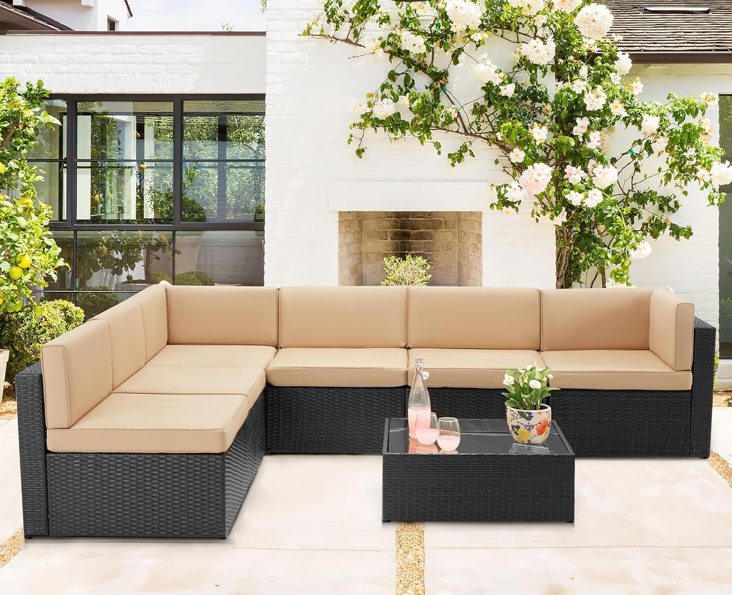 U-MAX 7 Piece Outdoor Patio Furniture Set, PE Rattan Patio Wicker Sectional Furniture Chair Set with Cushions and Tea Table, (Black Rattan&Beige Cushion)