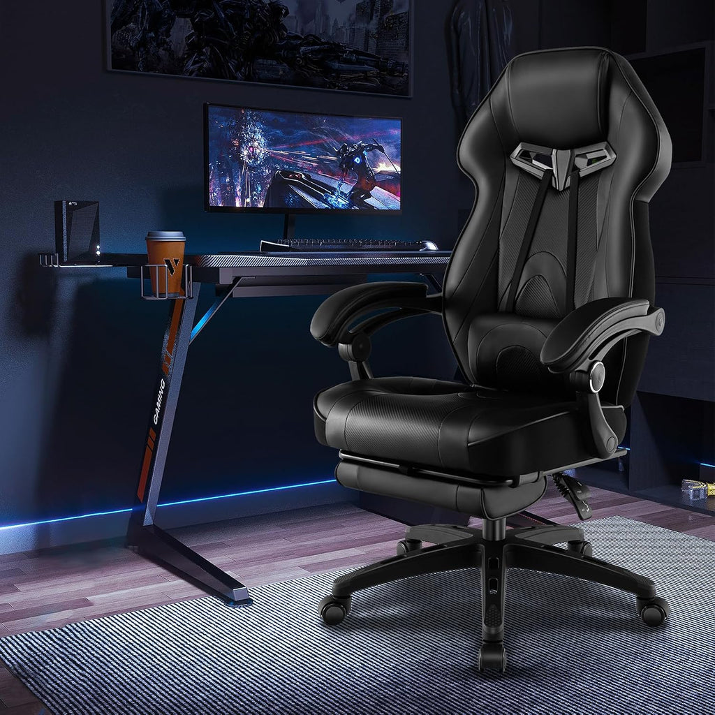 COSTWAY Gaming Chair, Ergonomic Adjustable Racing Video Game Chair w/Retractable Footrest, Padded Headrest & Lumbar Support, High Back Reclining Home Office Computer Gamer Chair for Adults (Black)