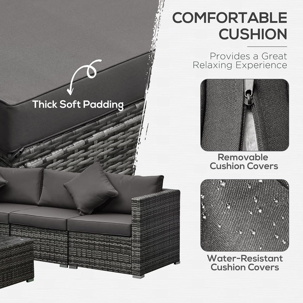 Outsunny 6 Piece Patio Furniture Set Outdoor Wicker Conversation Set All Weather PE Rattan Sectional Sofa Set with Ottoman, Cushions and Tempered Glass Table, Mixed Gray and Charcoal