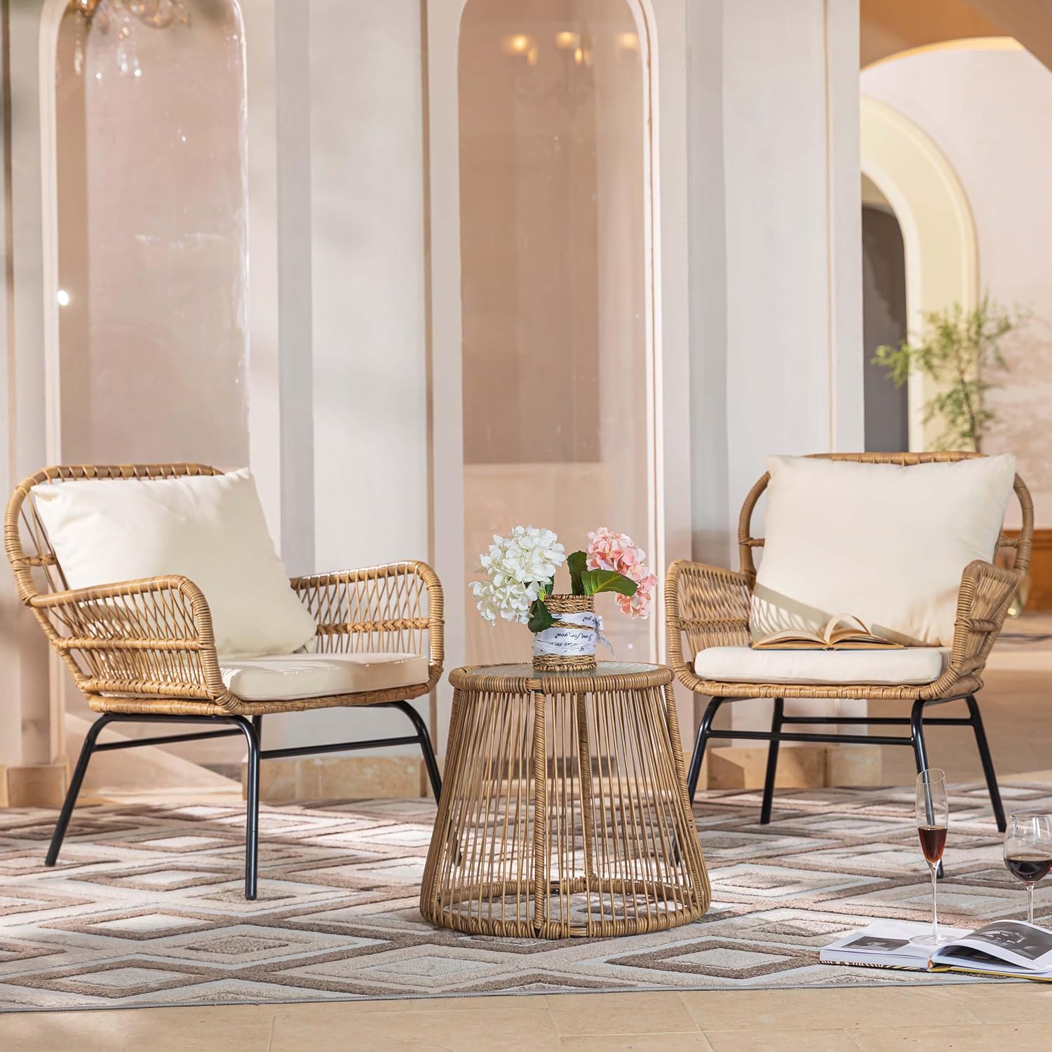 NICESOUL® 6 Pcs Boho Outdoor Patio Furniture Set, High Back L-Shaped Outdoor Couch with Ice Bucket Table, Sturdy Comfy Wicker Sectional Sofa for Garden Balcony Deck Porch or Backyard, Beige