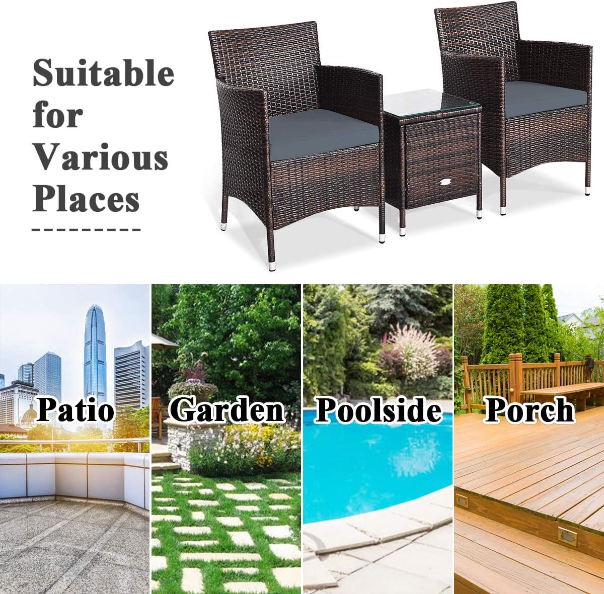 Tangkula Patio Furniture Set 3 Piece, Outdoor Wicker Rattan Conversation Set with Coffee Table, Chairs & Thick Cushions, Suitable for Patio Garden Lawn Backyard Pool (Grey)