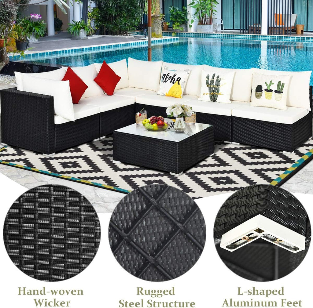 COSTWAY 7 Pieces Patio Furniture Set, Outdoor Rattan Conversation Set with 6 Seats, Coffee Tea Table, Soft Cushions, Wicker Patio Sectional Sofa for Garden Balcony Porch Poolside, Beige