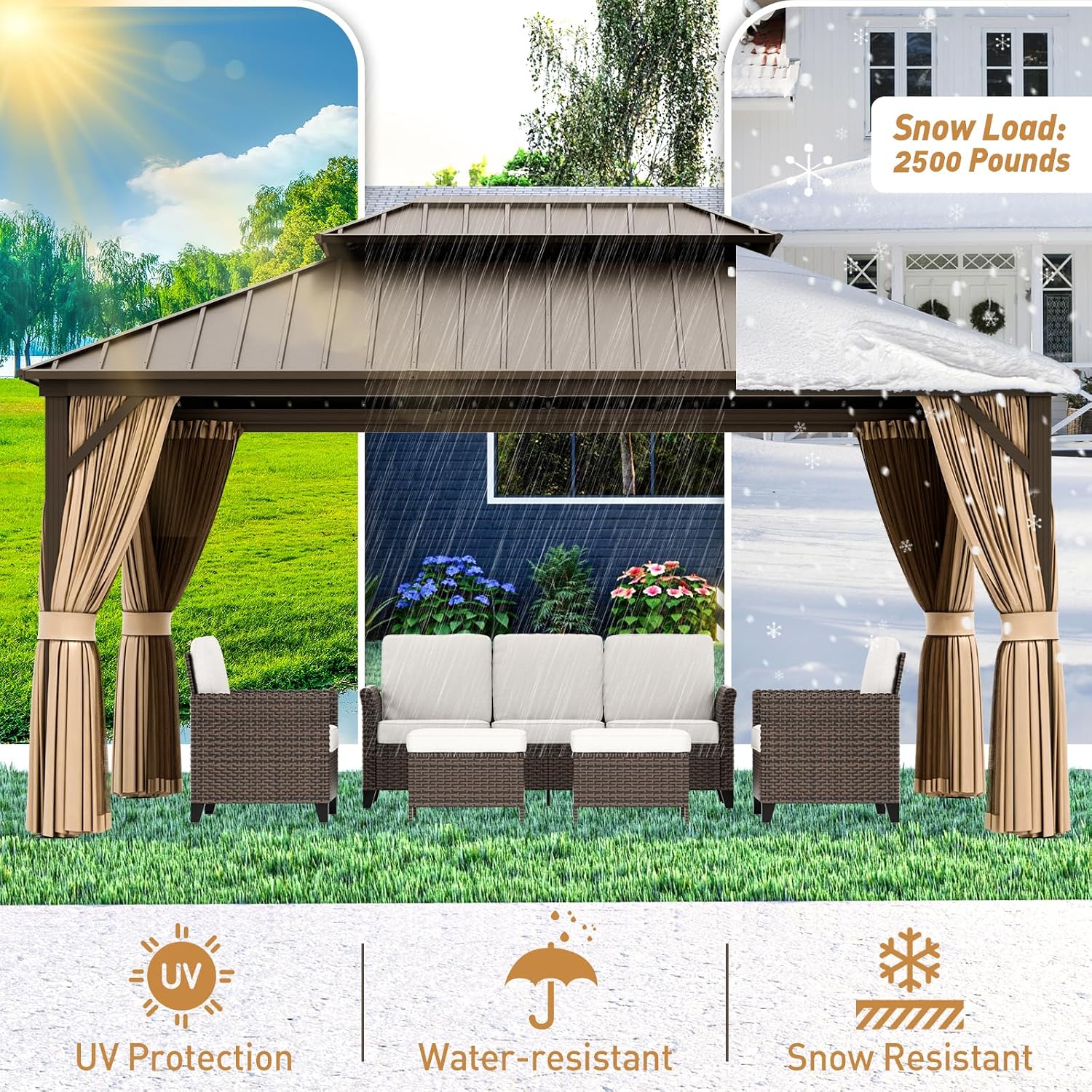 12x18 Hardtop Gazebo with Netting and Curtains, Galvanized Steel Double Roof Outdoor Pavilion with Aluminum Frame, Patio Gazebo for Deck, Garden, Lawn, Dark Brown/Tan