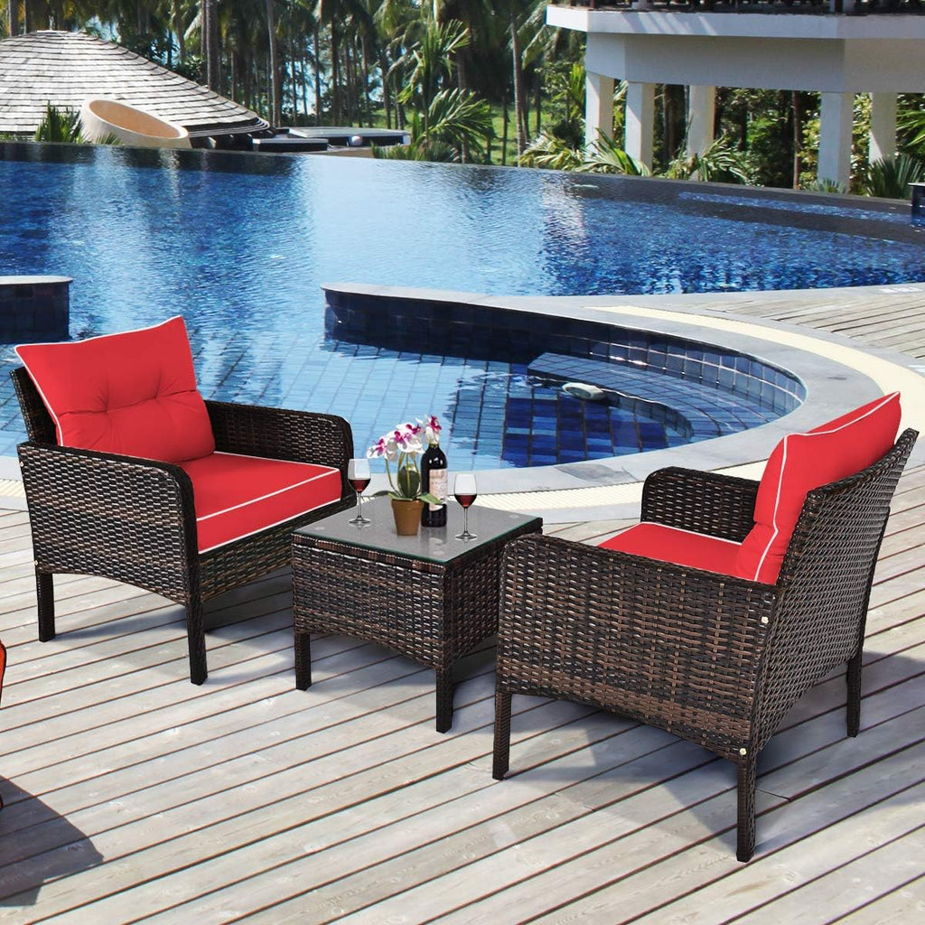 HAPPYGRILL 3 Pieces Patio Furniture Set Outdoor Rattan Wicker Coffee Table & Chairs Set with Seat Cushions Patio Conversation Set for Garden Balcony Backyard Poolside