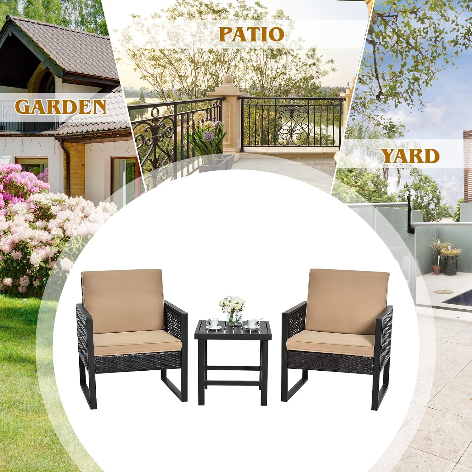 Tangkula 3 Piece Patio Wicker Bistro Set, Outdoor Rattan Sofa, Conversation Furniture w/Coffee Table, Seat and Back Cushions, Garden, Backyard, Balcony, Poolside