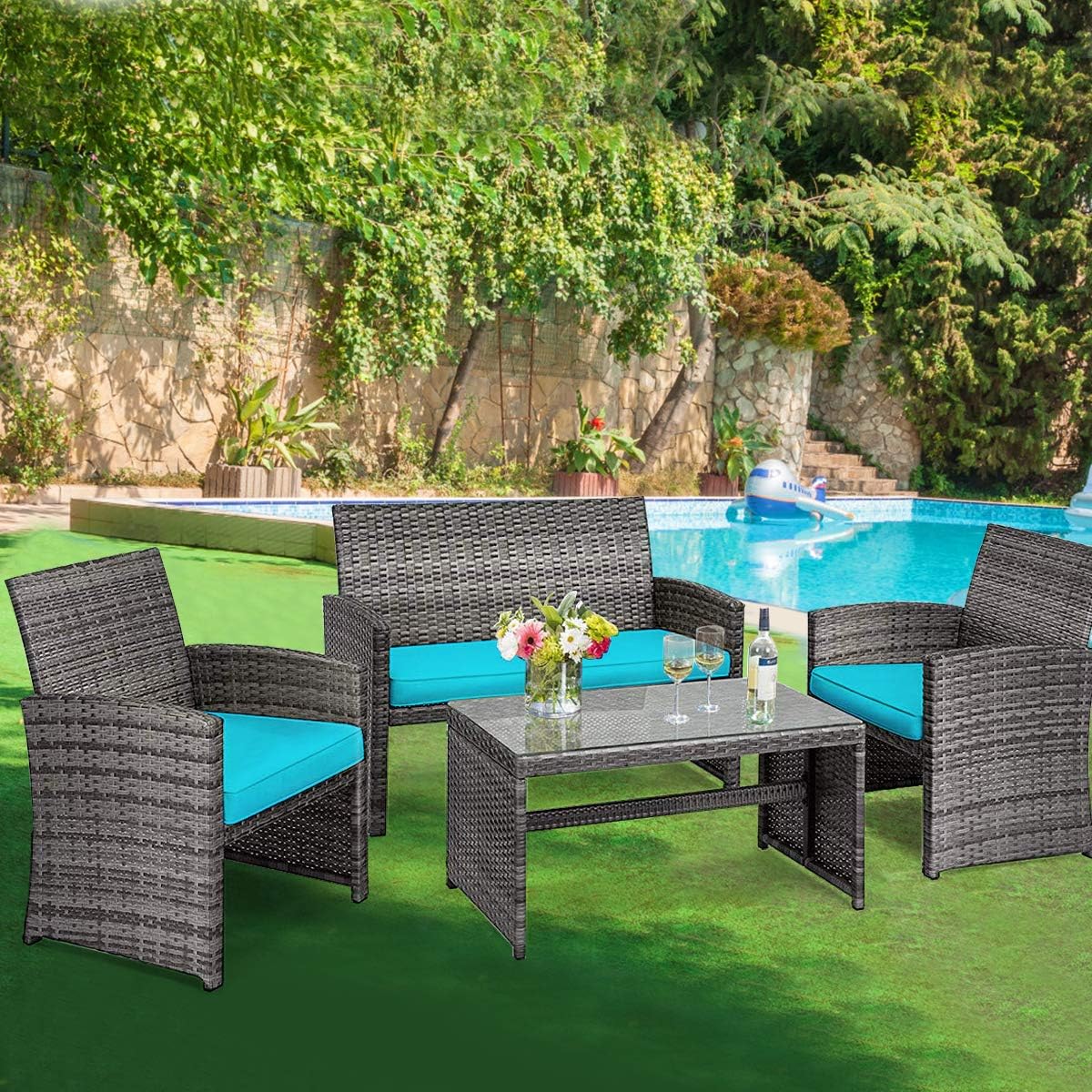 Giantex 4 Pc, Rattan Loveseat & Patio Chairs with Cushioned Seat, Wicker Coffee Table, Outdoor Furniture Front Porch Poolside Garden Lawn Conversation Sets, Mix Grey&Turquoise