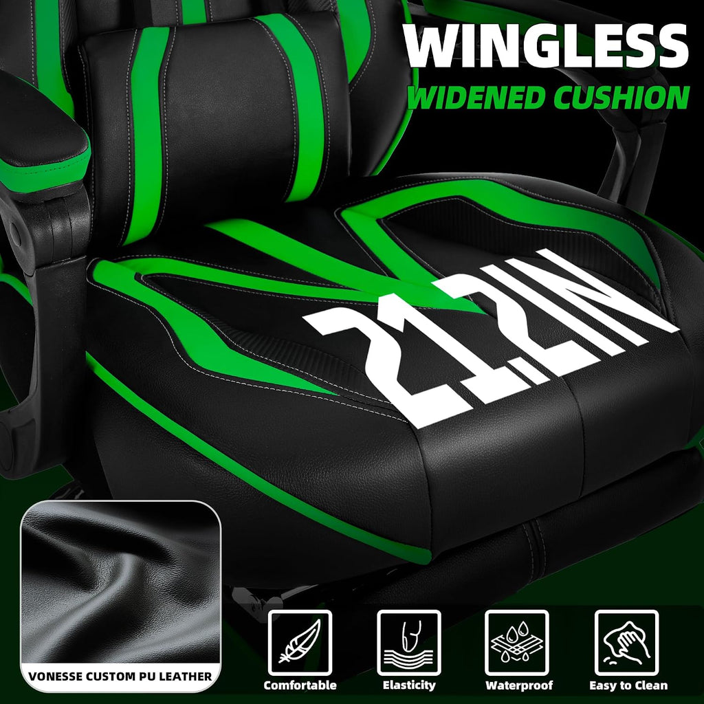 Vonesse Gaming Chair with Footrest, Big and Tall Gamer Chair with Massage, Reclining Computer Gaming Chair for Adults, Ergonomic Game Chair for Teens, High Back Video Game Chairs(Green/Black)