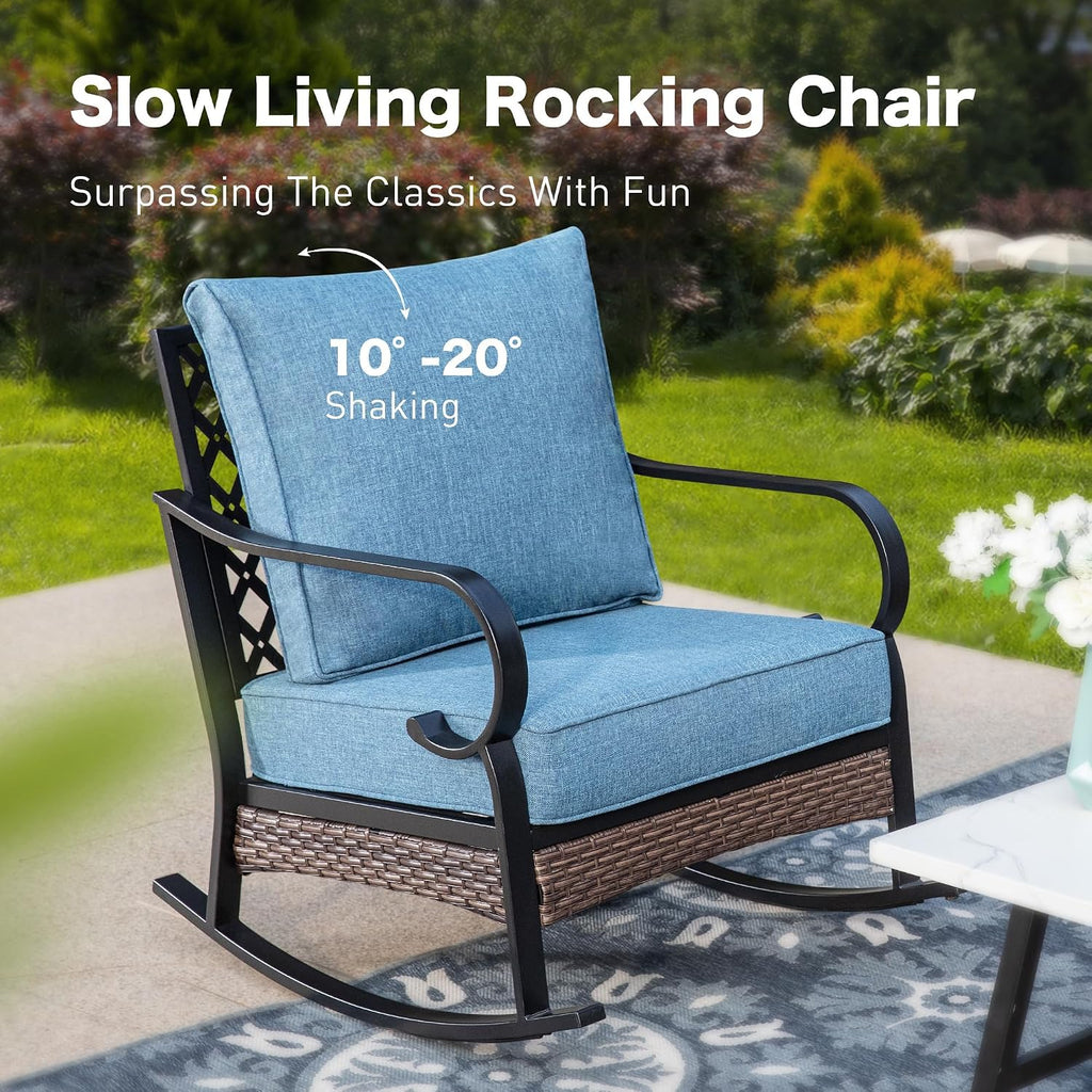 SUNSHINE VALLEY 6 Piece Metal Outdoor Patio Furniture Set, Patio Conversation Set with Rocking Chair and 5.75' Thick Cushion & Coffee Tabl, Outdoor Seating Black Frame Backyard Furniture, Denim Blue