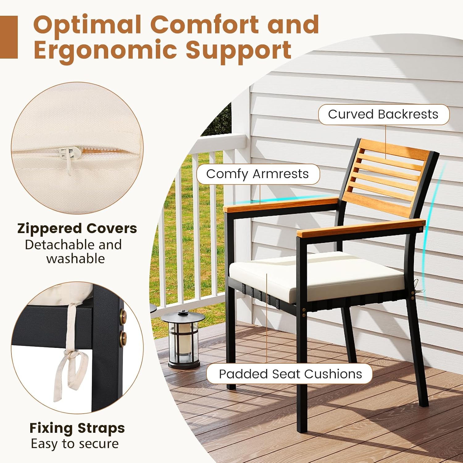 Tangkula 7 Piece Patio Dining Set, Outdoor Acacia Wood Cushioned Chairs and 51'-64' Expandable Rectangular Table Set, with Umbrella Hole, 6 Stackable Armchairs, for Poolside Garden (Off White)