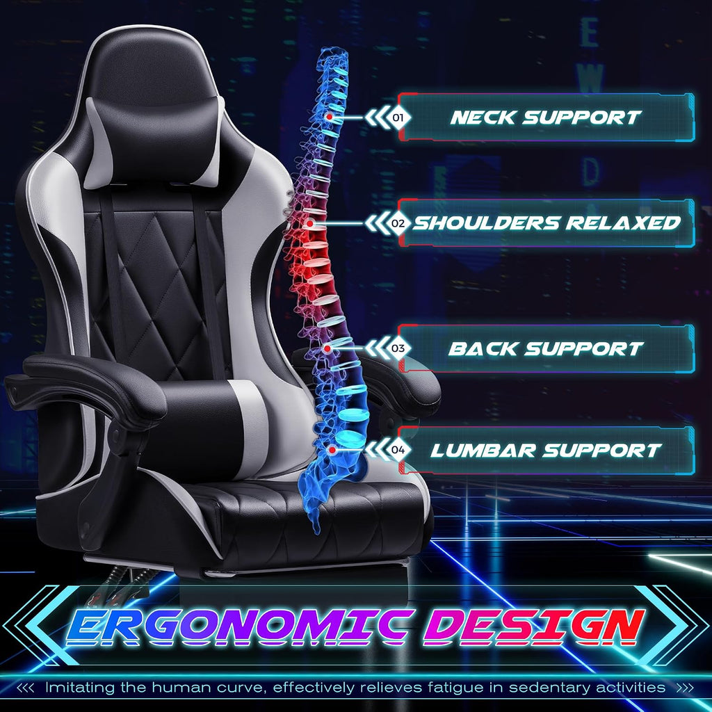 Shahoo Gaming Chair with Footrest and Massage Lumbar Support, Computer Game Chairs Ergonomic Office Seat Height Adjustable with Headrest, White