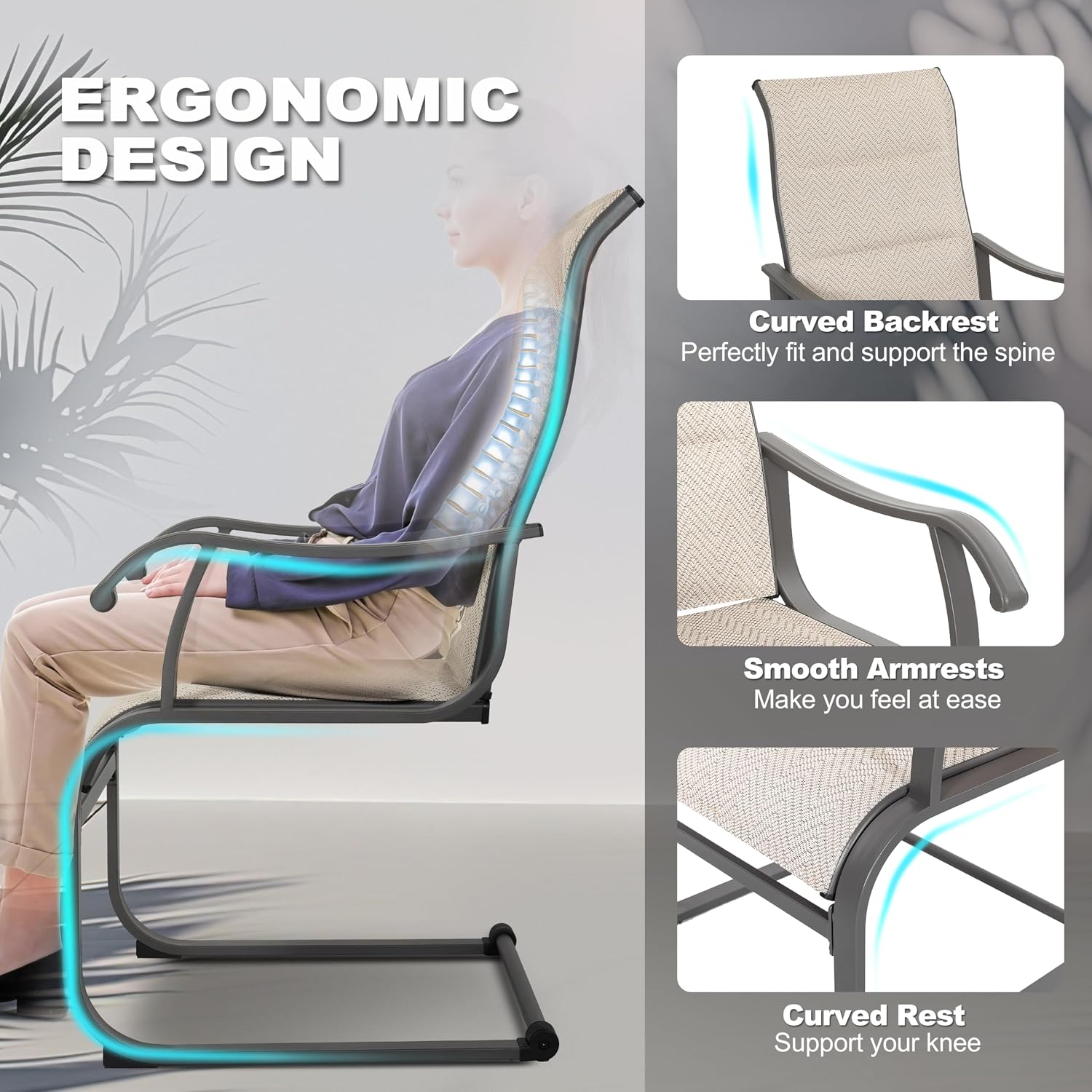 NUU GARDEN Patio Dining Chair Set of 4, Outdoor Spring Motion Chairs with Breathable Textilene, Comfortable Patio Chairs for Deck, Porch, Backyard & Indoor, Grayish Beige
