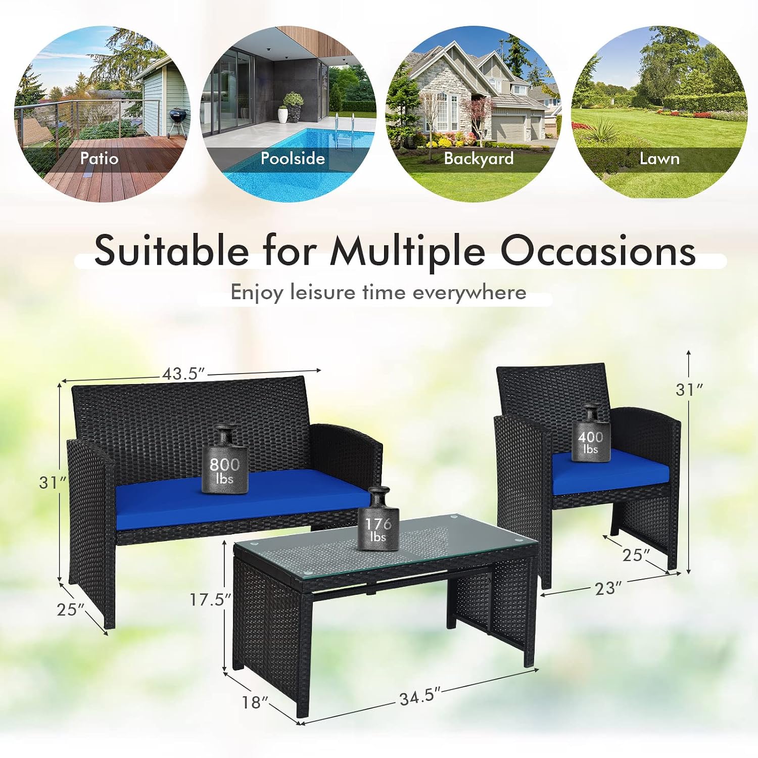 Goplus Rattan Patio Furniture Set 4 Pieces, Outdoor Wicker Conversation Sofa and Table Set with Soft Cushions & Tempered Glass Coffee Table for Balcony Garden Backyard (Blue)