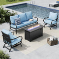 MFSTUDIO 4 Pieces Patio Conversation Sets, All Weather Metal Frame Outdoor Furniture Set Patio Sofas with 1 x 45 Rectangular Propane Fire Table, 1 x 3-Seat Sofa, 2 x Rocking Chairs, Blue Cushion