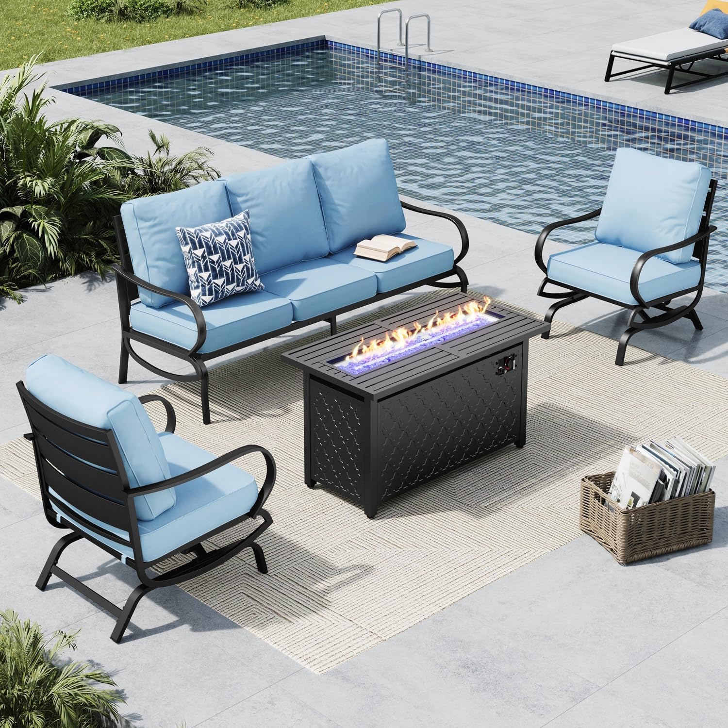 MFSTUDIO 4 Pieces Patio Conversation Sets, All Weather Metal Frame Outdoor Furniture Set Patio Sofas with 1 x 45 Rectangular Propane Fire Table, 1 x 3-Seat Sofa, 2 x Rocking Chairs, Blue Cushion