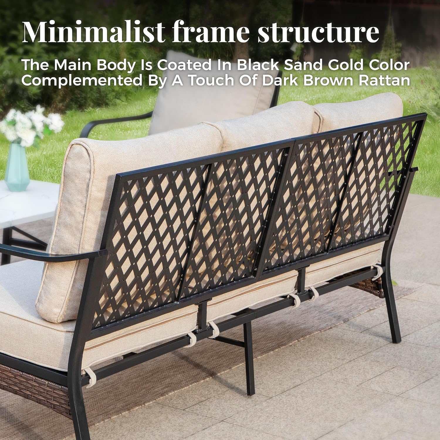 MIXPATIO Patio Furniture Set with Fire Pit Table, Metal Outdoor Conversation Set with 5.75'' Extra Thick Cushion, 4 Leg Chairs, 3-Seat Sofa and Gas Fire Pit Table, Beige
