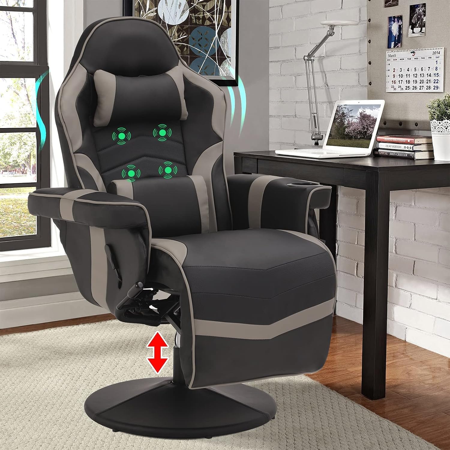 LVUYOYO Reclining Gaming Chair, Gaming Chair with Footrest and Massage, High Back PU Leather Gaming Recliner w/Adjustable Height, Swivel Game Chair with Lumbar Support, Cup Holder, Headrest