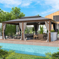 EROMMY 14'x20' Hardtop Gazebo, Wooden Finish Coated Aluminum Frame Outdoor Gazebo with Double Galvanized Steel Roof, Permanent Metal Pavilion with Curtains and Nettings for Patio, Garden, Backyard