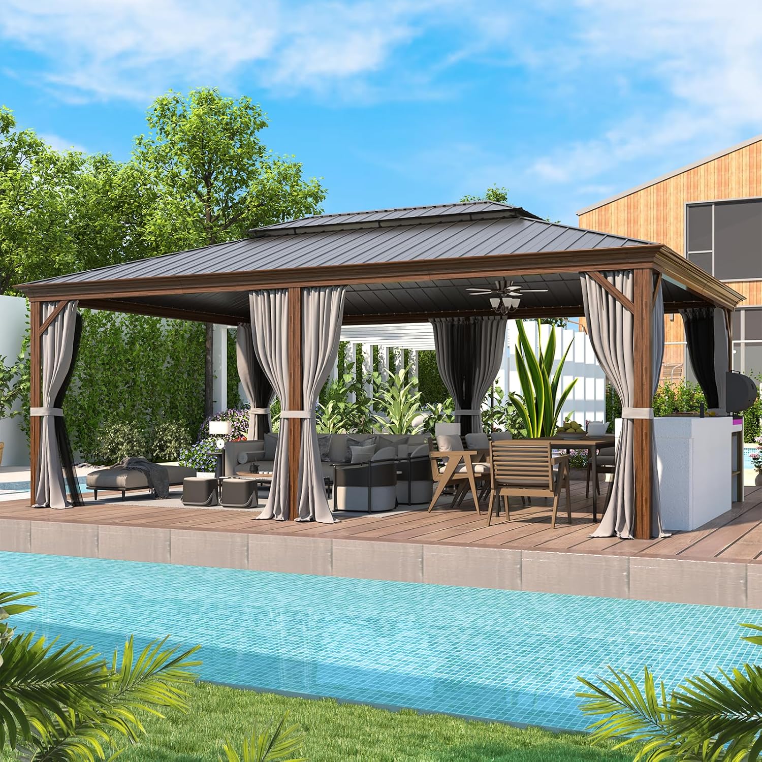 EROMMY 14'x20' Hardtop Gazebo, Wooden Finish Coated Aluminum Frame Outdoor Gazebo with Double Galvanized Steel Roof, Permanent Metal Pavilion with Curtains and Nettings for Patio, Garden, Backyard