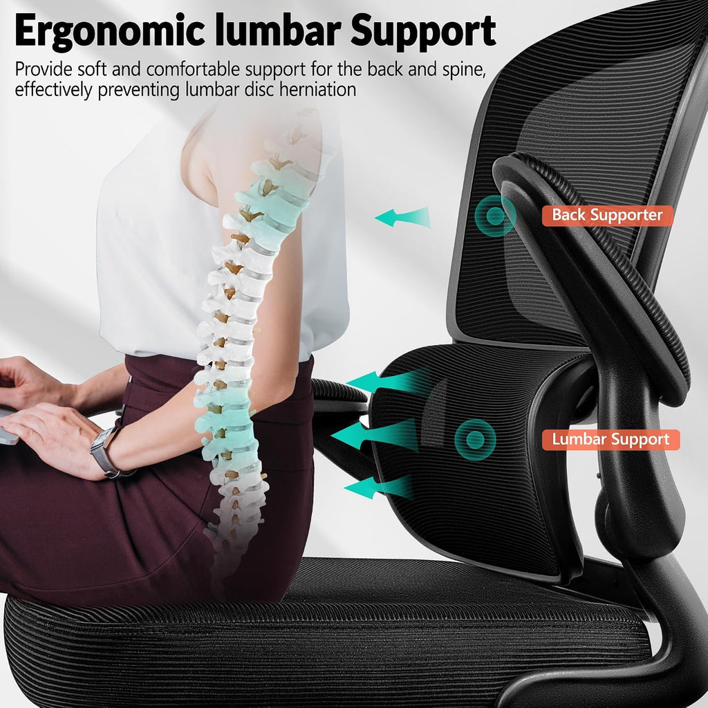 BESTFAIR Office Chair Ergonomic Desk Chair, Breathable Mesh Comfy Chair with Lumbar Support, Computer Chair, Home Desk Chair with Flip-up Armrests, Gaming Chair for Adults Home Office