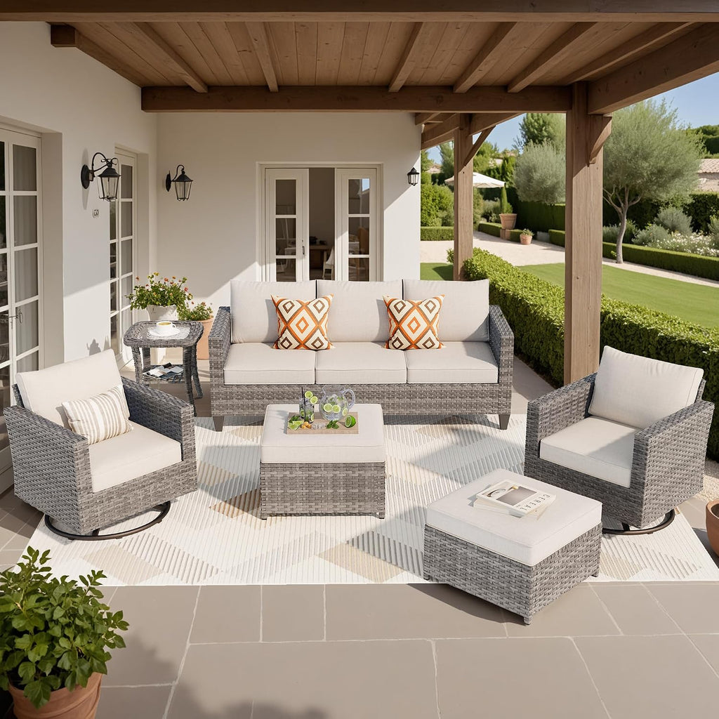 ovios 6 Pieces Patio Furniture Set, Outdoor Wicker Sofa Couch with Swivel Chairs, Rocking Glider Rocker with Comfy Cushions All Weather Rattan Conversation Set, Beige