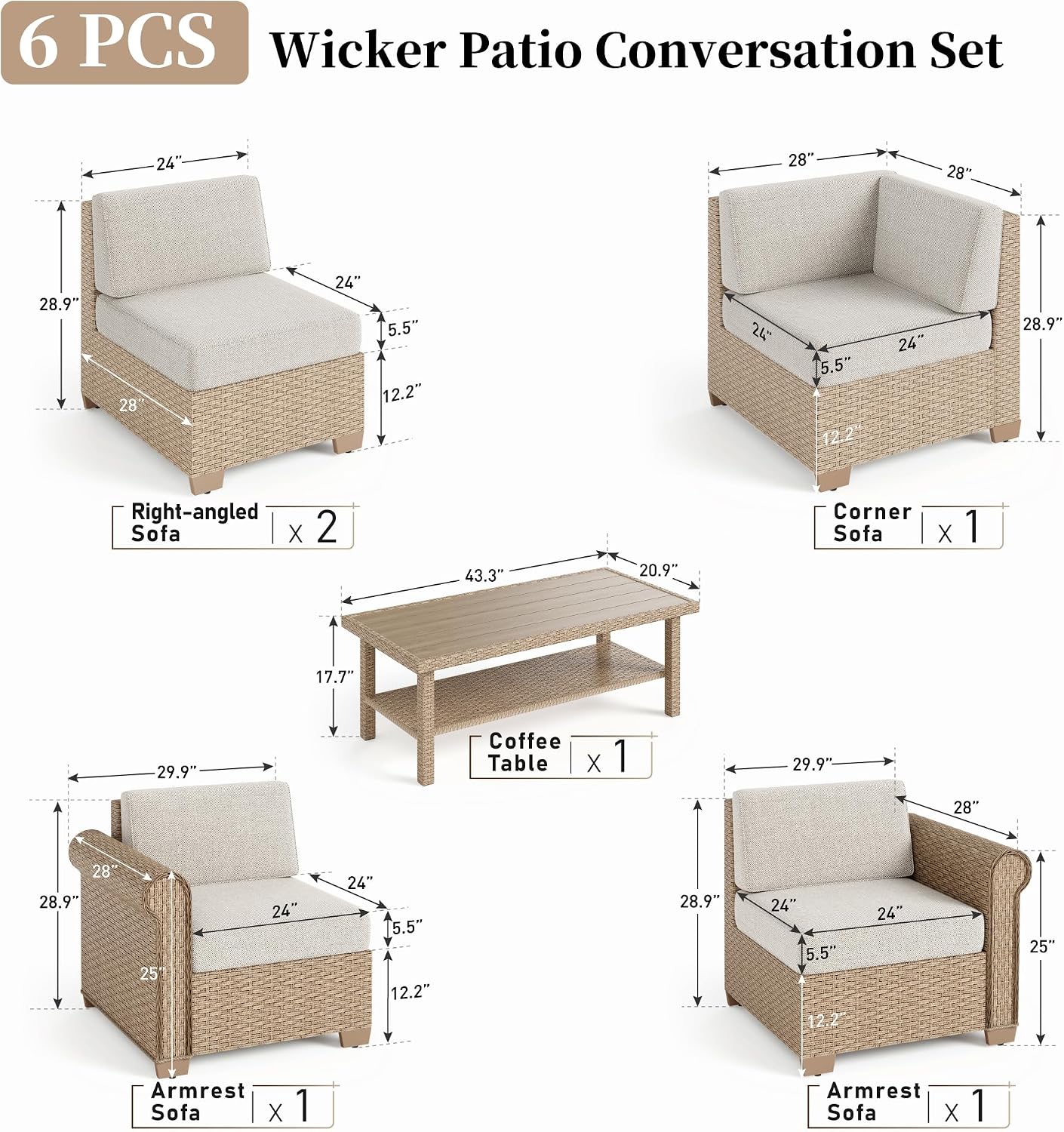 SUNSHINE VALLEY Patio Furniture Set, Wicker Outdoor Furniture Sectional Sofa with Fire Pit Table, 5 Seats Modular Conversation Set with 5.5' Thick Waterproof Cushion for Garden Deck Backyard, Beige