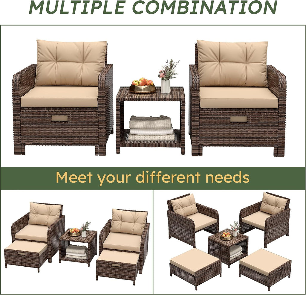 5 Pieces Patio Furniture Set, Hand-Woven Rattan Patio Conversation Set with Soft Cushions & Coffee Table, Outdoor Chairs with Hidden Ottoman for Porch, Lawn, Garden, Balcony, Brown