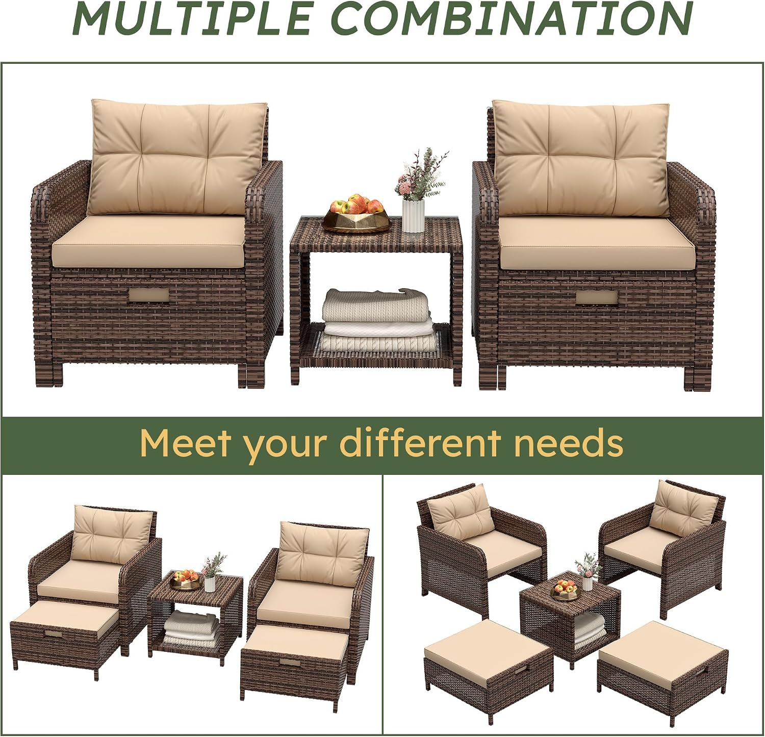 5 Pieces Patio Furniture Set, Hand-Woven Rattan Patio Conversation Set with Soft Cushions & Coffee Table, Outdoor Chairs with Hidden Ottoman for Porch, Lawn, Garden, Balcony, Brown