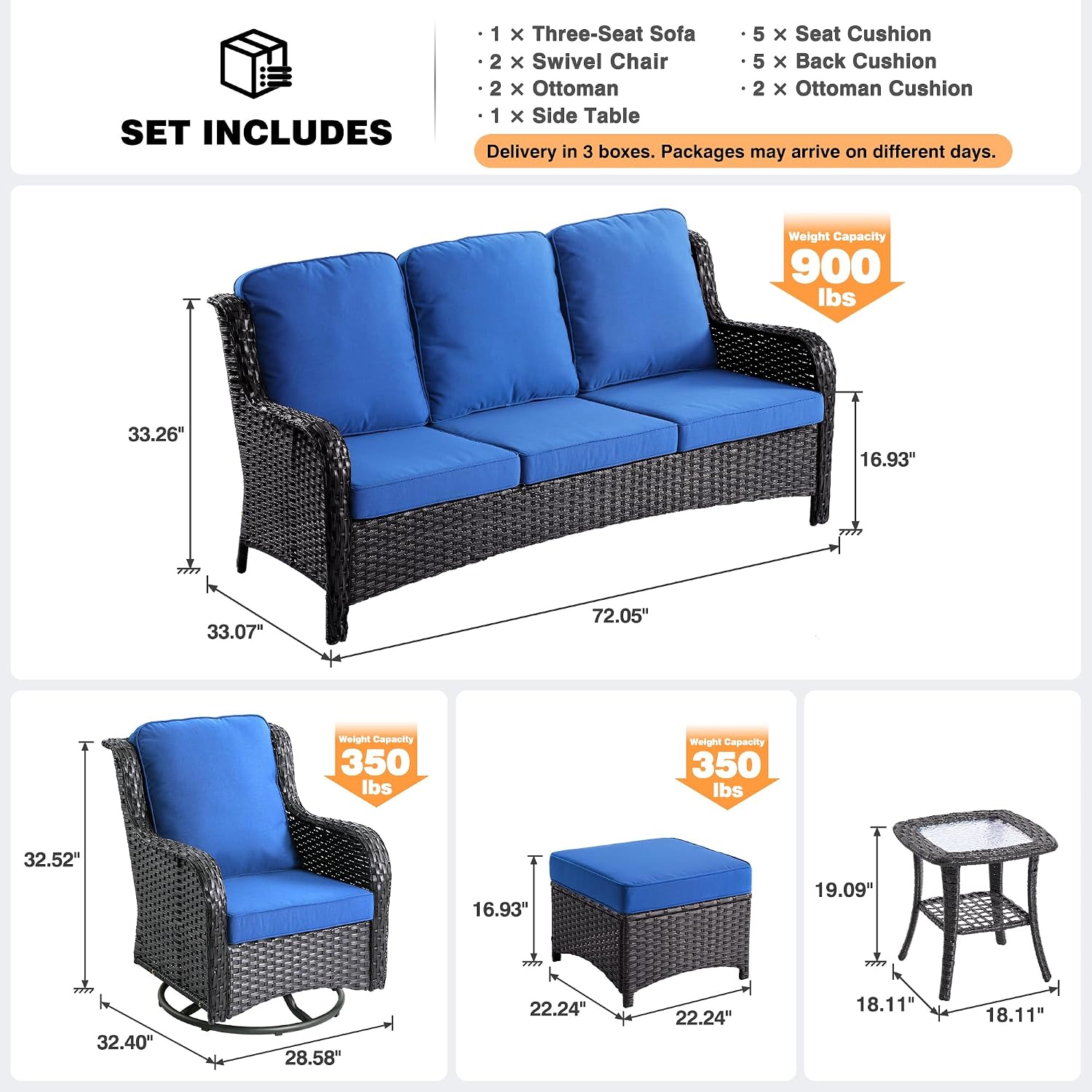 ovios 6-Pieces Patio Furniture Set, Outdoor Wicker Sofa Couch with Swivel Glider Chairs Comfy Cushions, High Back Modern Conversation Set, Brown Rattan, Navy Blue
