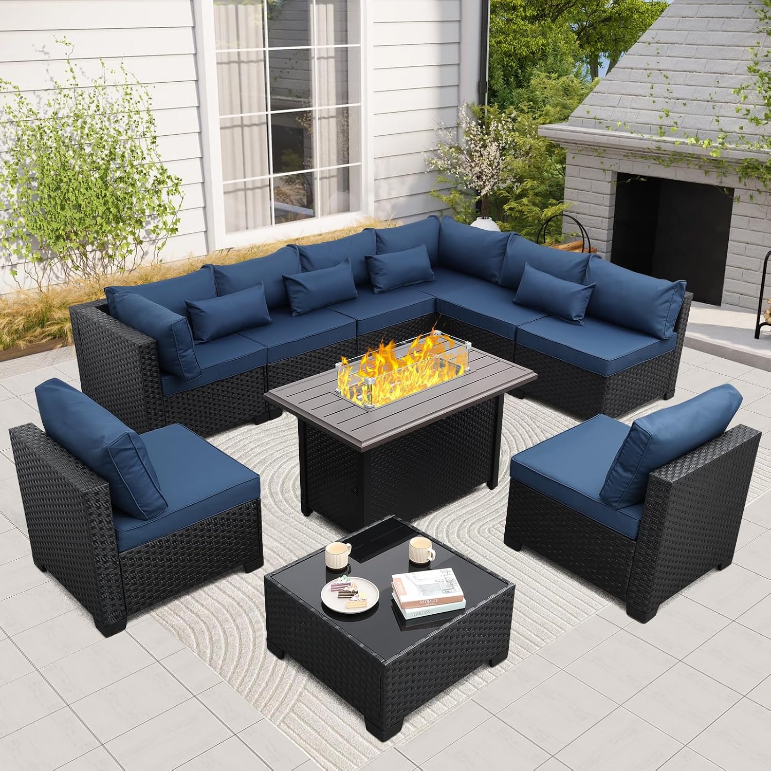 Rattaner 10 Pieces Outdoor Sectional All-Weather Wicker Patio Furniture Set Patio Sectional and Steel Fire Table and Glass Patio Table Non-Slip Cushions and Waterproof Covers, Navy Blue